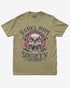 Khaki “Rebel Mom Society” shirt with rock skull and flames graphic flat lay.