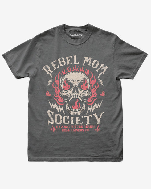 Pepper “Rebel Mom Society” shirt with rock skull and flames graphic flat lay.
