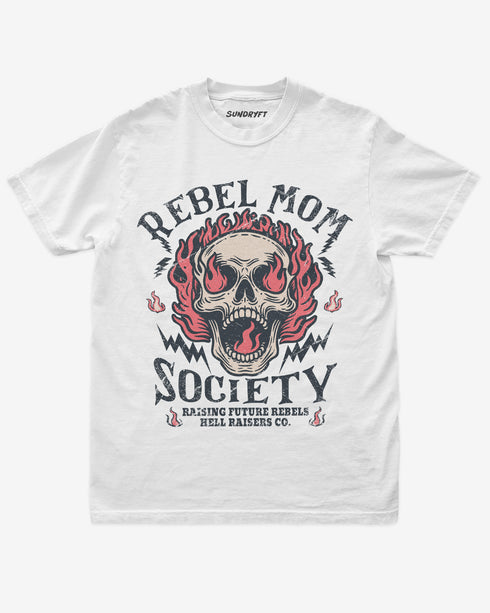 White “Rebel Mom Society” shirt with rock skull and flames graphic flat lay.