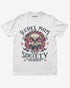 White “Rebel Mom Society” shirt with rock skull and flames graphic flat lay.