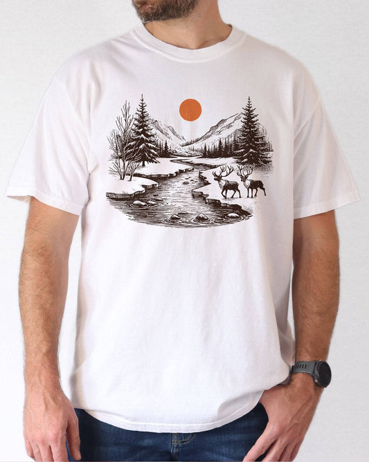 Model wearing white color shirt with reindeer nature retro graphic design