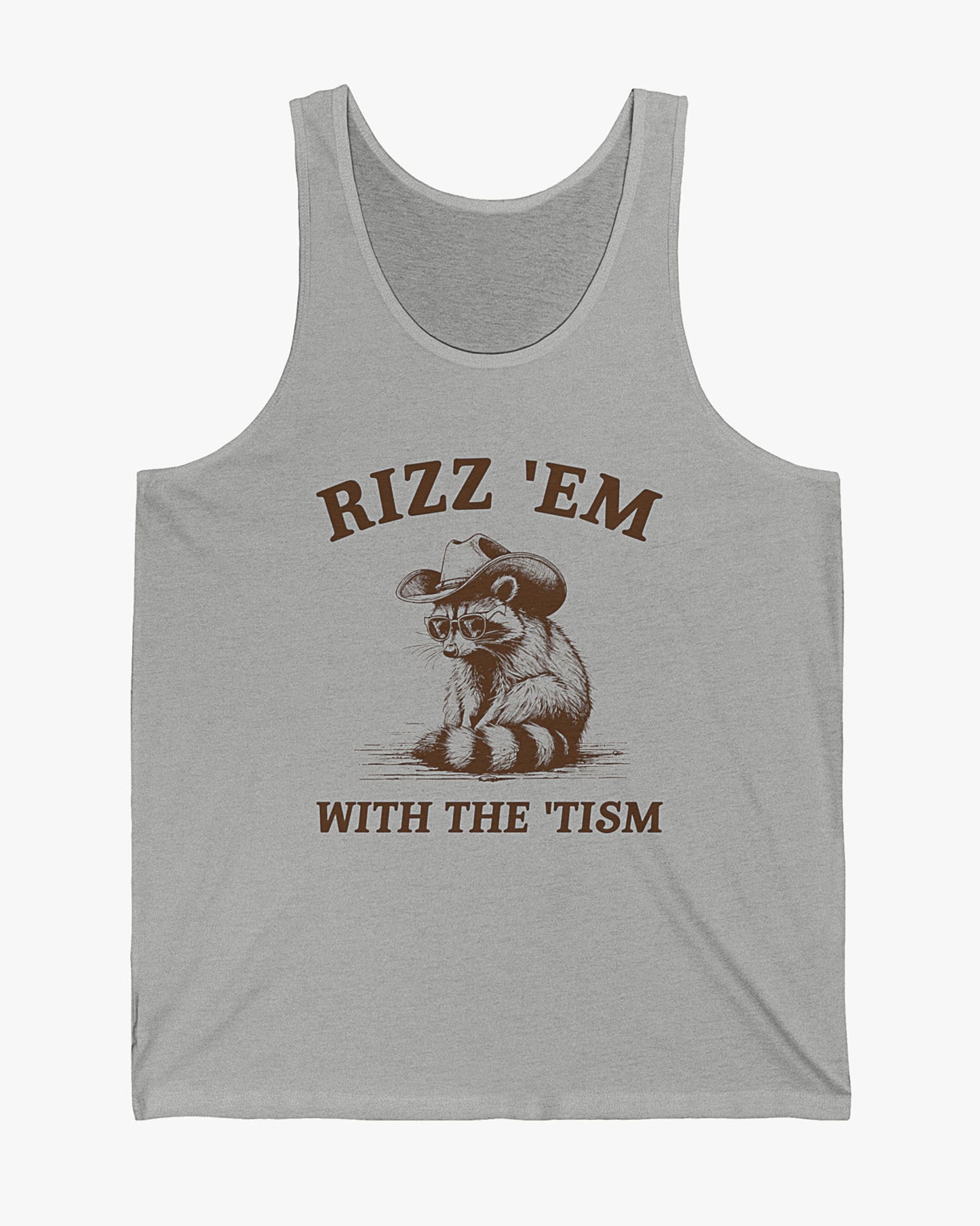 Flat lay athletic heather 'Rizz 'Em With The Tism' tank top with a funny retro cowboy raccoon graphic