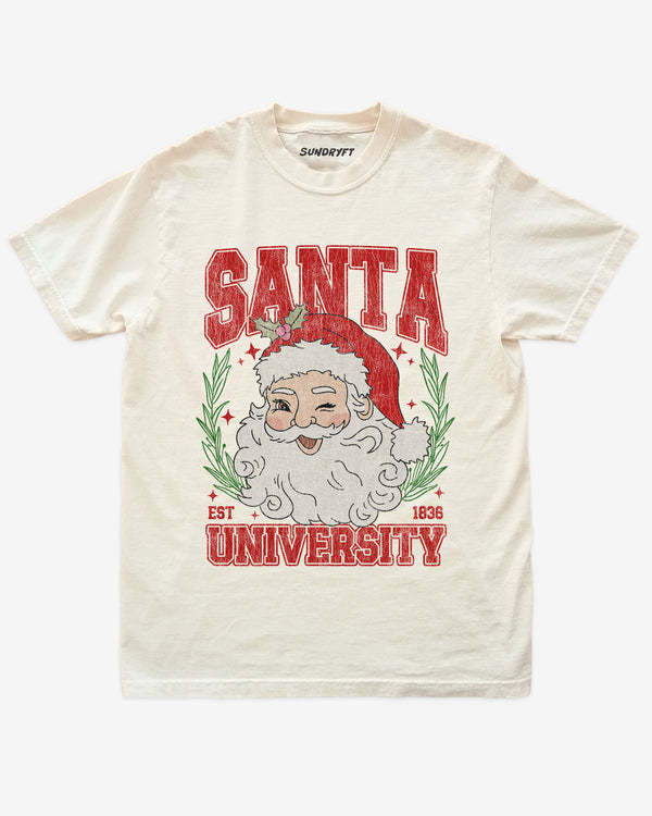 Santa University shirt in ivory with retro distressed Santa Clause graphic
