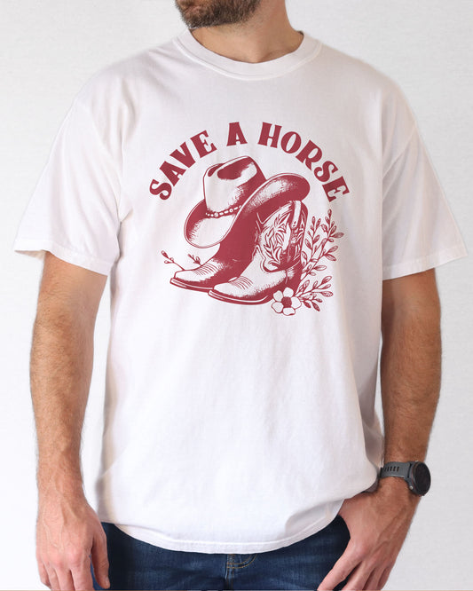 Model wearing white color shirt with 'Save A Horse' graphic design