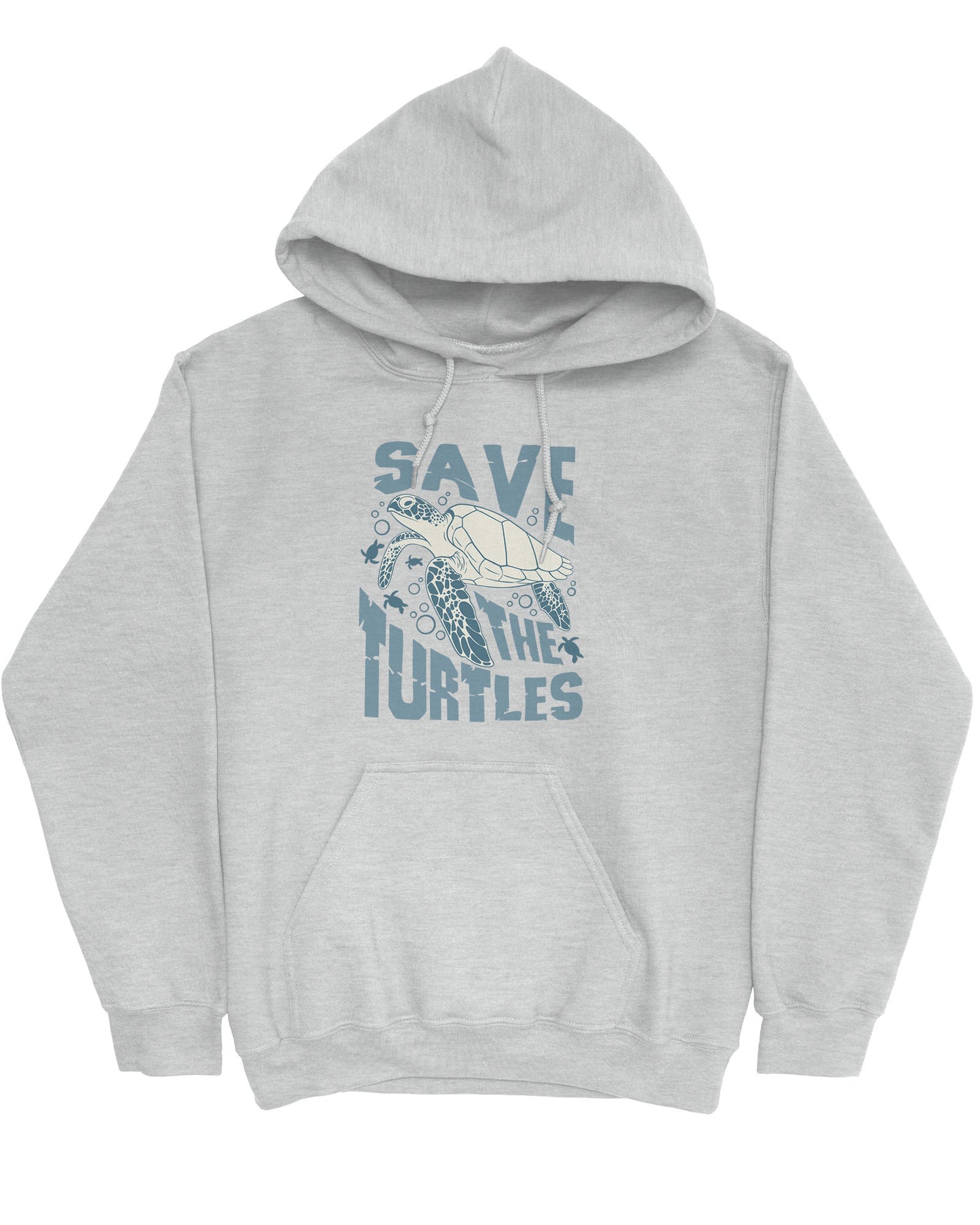 Flat lay ash gray hoodie with a retro turtles graphic collage and the quote 'Save The Turtles'.