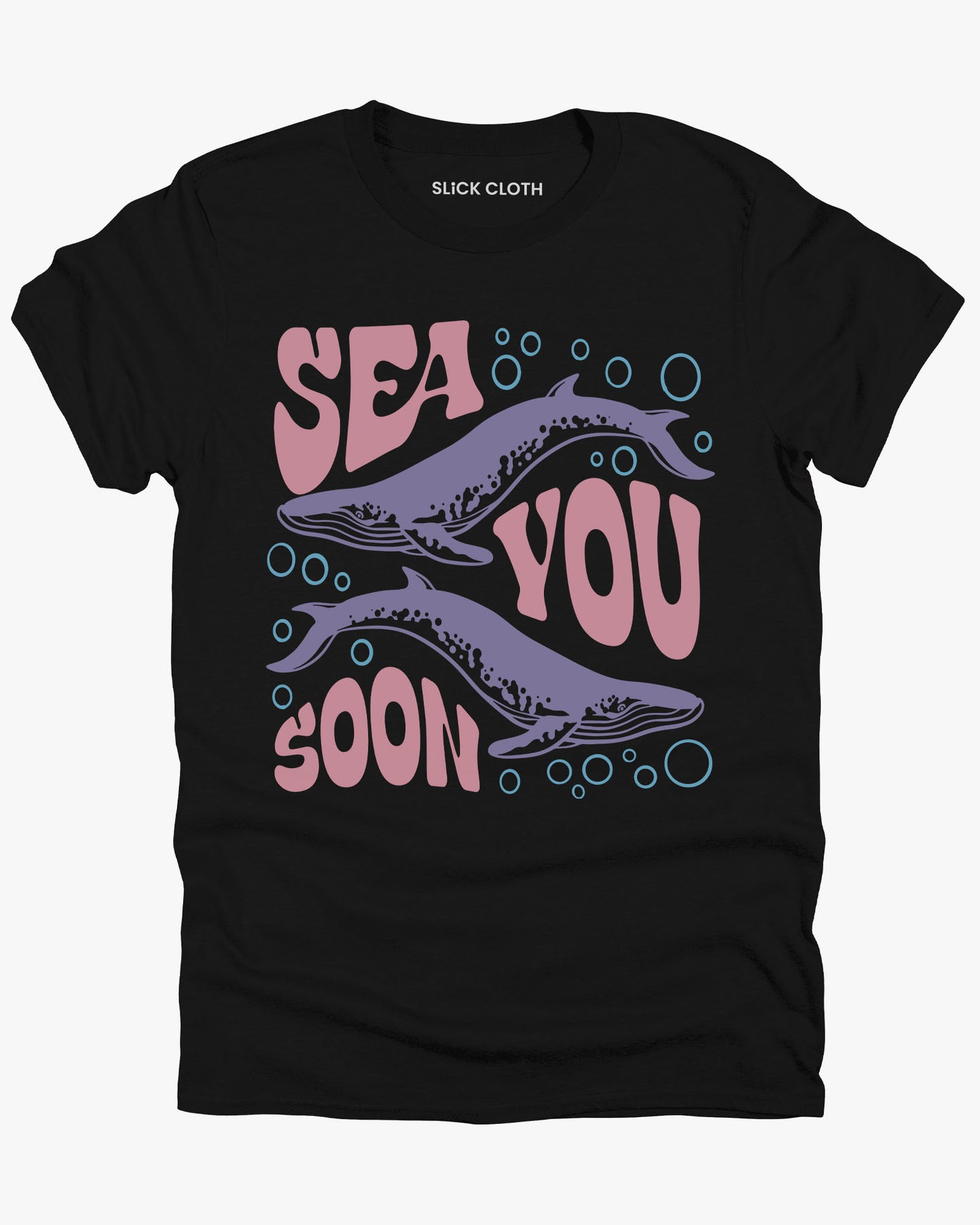 Flat lay of a black 'Sea You Soon' t-shirt featuring a retro whales and sea life graphic.