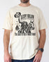 Model wearing ivory color shirt with 'Sleepy Hollow Dead And Breakfast - The Place To Rest A Weary Head' graphic design