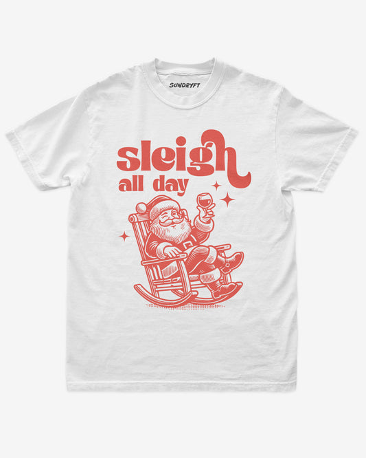 Sleigh All Day shirt in white with Santa on porch chair graphic
