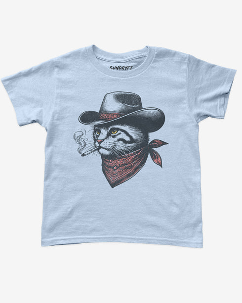 Flat lay light blue baby tee with retro graphic of smoking cowboy cat