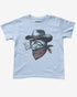 Flat lay light blue baby tee with retro graphic of smoking cowboy cat