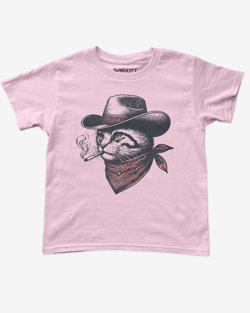Flat lay light pink baby tee with retro graphic of smoking cowboy cat