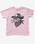 Flat lay light pink baby tee with retro graphic of smoking cowboy cat