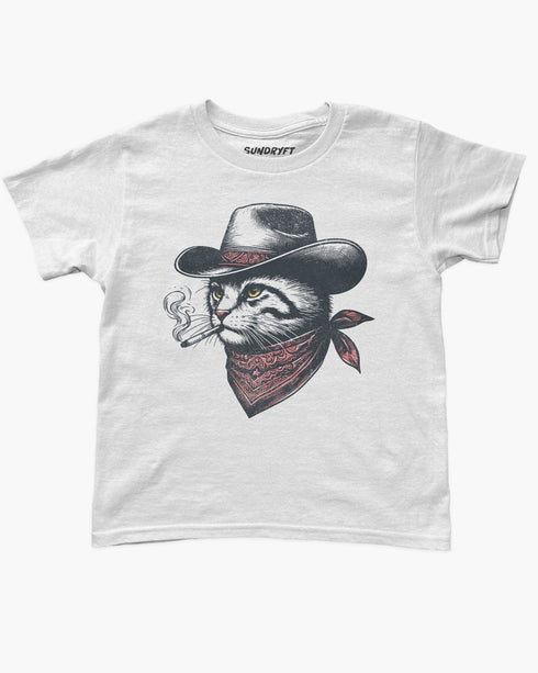 Flat lay white baby tee with retro graphic of smoking cowboy cat