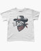 Flat lay white baby tee with retro graphic of smoking cowboy cat