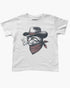 Flat lay white baby tee with retro graphic of smoking cowboy cat