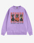 Flat lay orchid-colored 'Spooky And Cute' sweatshirt with retro Halloween graphic of three black cats and a pumpkin.