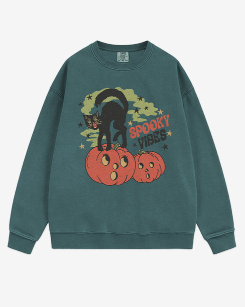 Flat lay blue spruce Halloween sweatshirt reading โSpooky Vibesโ with retro graphic of black cat standing on pumpkins.