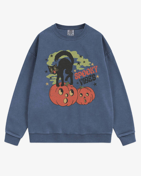 Flat lay denim Halloween sweatshirt reading โSpooky Vibesโ with retro graphic of black cat standing on pumpkins.