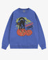Flat lay flo blue Halloween sweatshirt reading โSpooky Vibesโ with retro graphic of black cat standing on pumpkins.