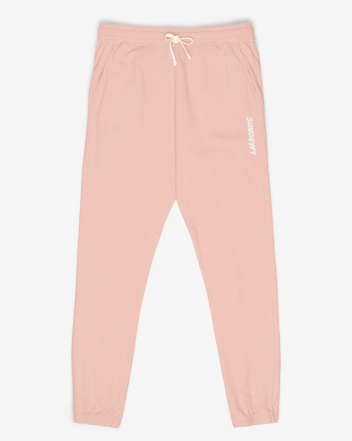 Flat lay peachy color Sundryft unisex fleece sweatpants.