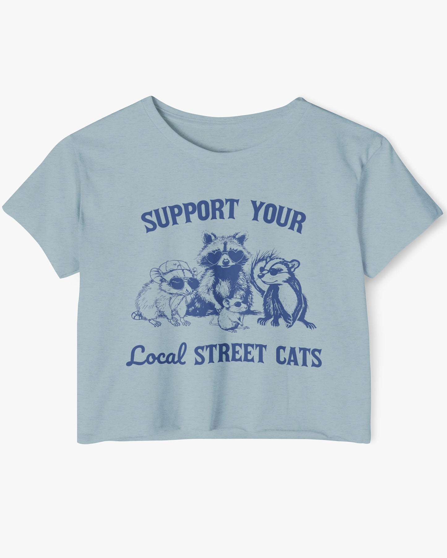 Flat lay of a stonewash denim 'Support Your Local Street Cats' crop top featuring a funny retro raccoon ang graphic.
