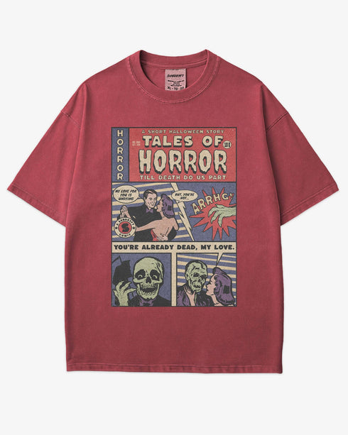 Flat lay crimson 'Tales of Horror Halloween Comic' shirt featuring vintage horror comic panels with creepy dialogue.