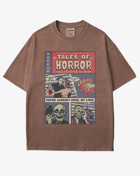 Flat lay espresso 'Tales of Horror Halloween Comic' shirt featuring vintage horror comic panels with creepy dialogue.