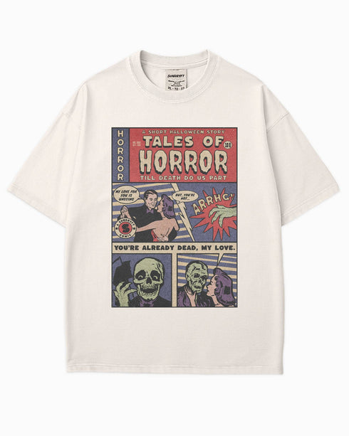 Flat lay ivory 'Tales of Horror Halloween Comic' shirt featuring vintage horror comic panels with creepy dialogue.
