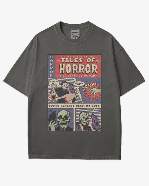 Flat lay pepper 'Tales of Horror Halloween Comic' shirt featuring vintage horror comic panels with creepy dialogue.