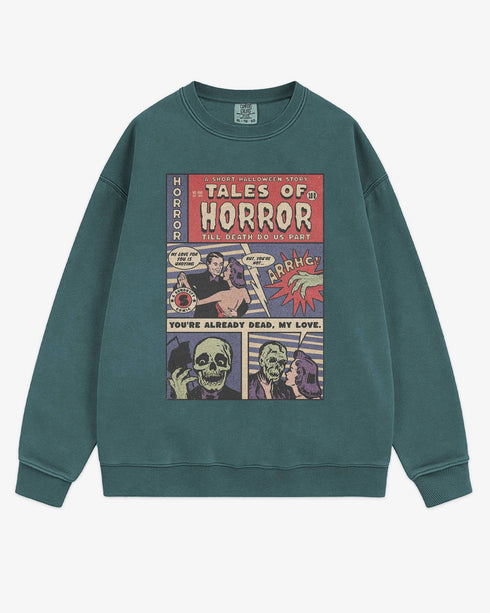 Flat lay blue spruce 'Tales of Horror' sweatshirt with retro comic-style Halloween graphic of a spooky love story.