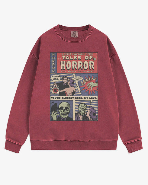 Flat lay crimson 'Tales of Horror' sweatshirt with retro comic-style Halloween graphic of a spooky love story.