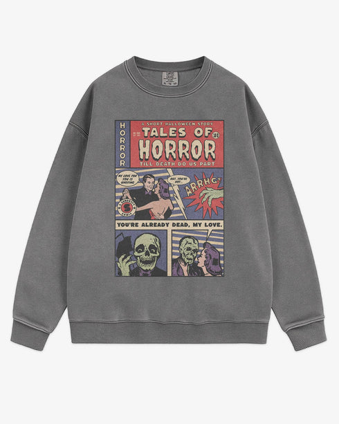 Flat lay gray 'Tales of Horror' sweatshirt with retro comic-style Halloween graphic of a spooky love story.