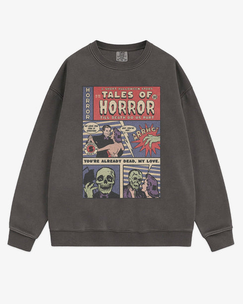 Flat lay pepper 'Tales of Horror' sweatshirt with retro comic-style Halloween graphic of a spooky love story.