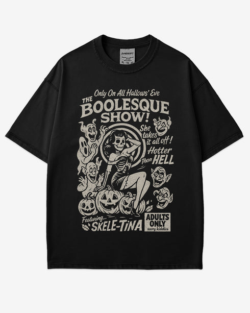 The Boolesque Show Shirt in black color – retro Halloween graphic tee with burlesque skeleton design, funny spooky unisex cotton shirt