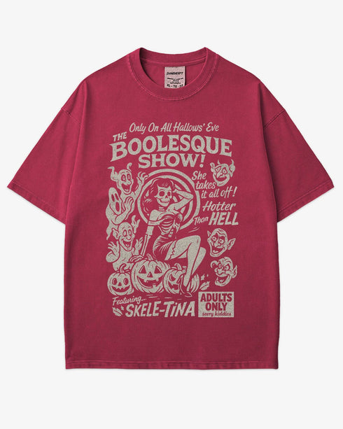 The Boolesque Show Shirt in chili color – retro Halloween graphic tee with burlesque skeleton design, funny spooky unisex cotton shirt
