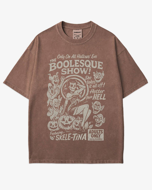The Boolesque Show Shirt in espresso color – retro Halloween graphic tee with burlesque skeleton design, funny spooky unisex cotton shirt