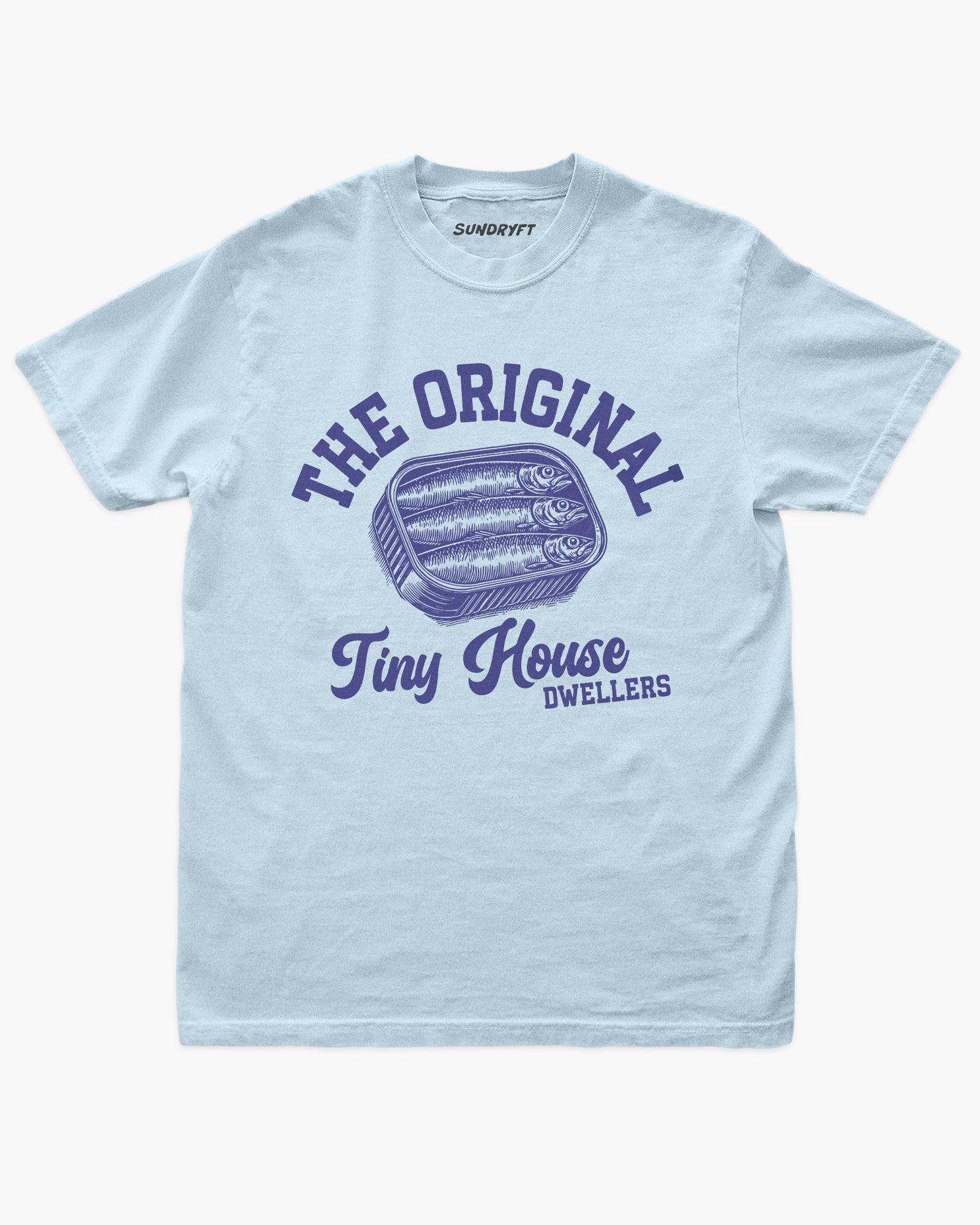 The Original Tiny House Dwellers shirt in chambray with retro tinned sardines graphic