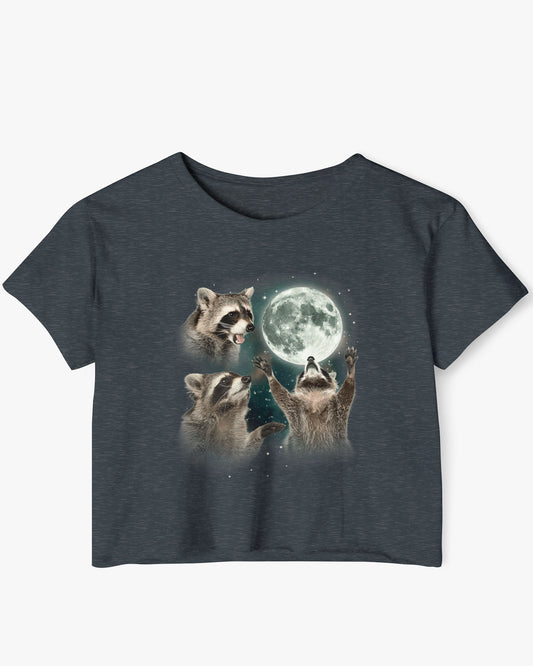 Antique denim color crop top with a retro graphic of three raccoons howling at the moon.