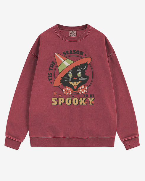 Flat lay crimson 'Tis The Season To Be Spooky' sweatshirt with retro Halloween graphic of a grinning black cat with hat.