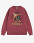Flat lay crimson 'Tis The Season To Be Spooky' sweatshirt with retro Halloween graphic of a grinning black cat with hat.