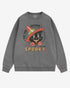 Flat lay gray 'Tis The Season To Be Spooky' sweatshirt with retro Halloween graphic of a grinning black cat with hat.