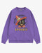 Flat lay violet 'Tis The Season To Be Spooky' sweatshirt with retro Halloween graphic of a grinning black cat with hat.