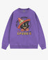Flat lay violet 'Tis The Season To Be Spooky' sweatshirt with retro Halloween graphic of a grinning black cat with hat.