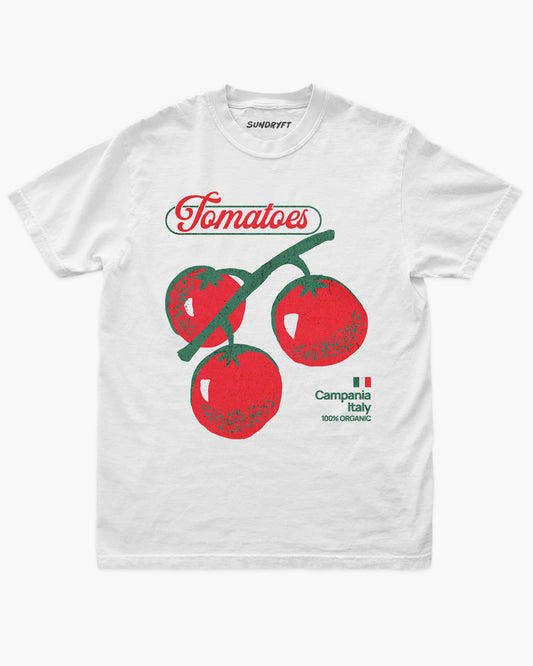 Vintage-style “Tomatoes Fruit – Campania Italy 100% Organic” graphic on white retro tee