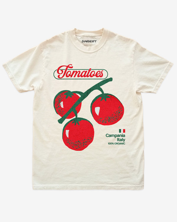 Vintage-style “Tomatoes Fruit – Campania Italy 100% Organic” graphic on ivory retro tee