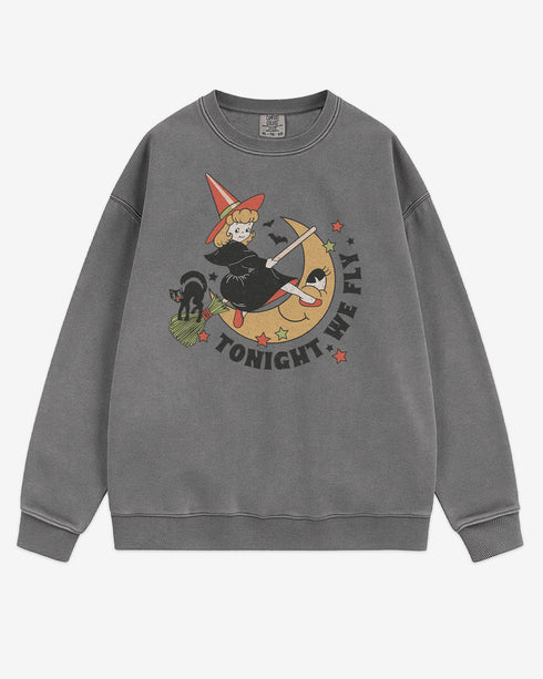 Flat lay gray Tonight We Fly sweatshirt with retro witch on broomstick, moon, and black cat Halloween graphic clothing.