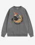 Flat lay gray Tonight We Fly sweatshirt with retro witch on broomstick, moon, and black cat Halloween graphic clothing.