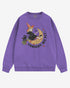 Flat lay violet Tonight We Fly sweatshirt with retro witch on broomstick, moon, and black cat Halloween graphic clothing.