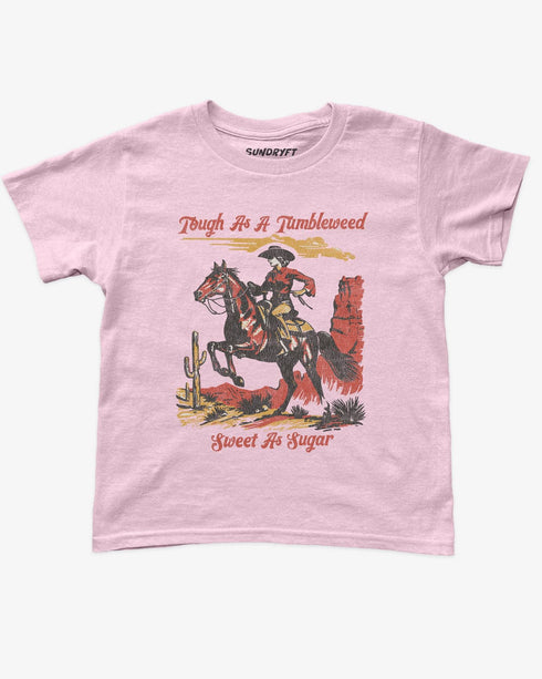 Flat lay light pink baby tee with retro country western graphic and text Tough As A Tumbleweed Sweet As Sugar