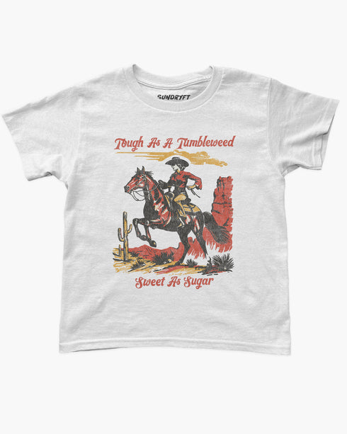 Flat lay white baby tee with retro country western graphic and text Tough As A Tumbleweed Sweet As Sugar